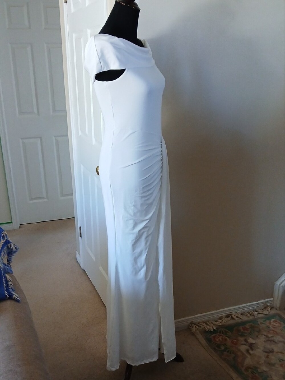 Off-Shoulder White Ruched Maxi Dress - Picture 4 of 13